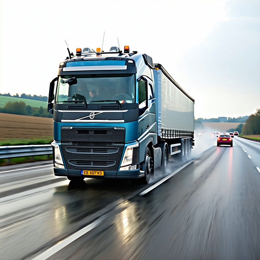 A heavy goods vehicle HGV lorry thundered down the motorway its massive wheels gripping the asphalt as it sliced through the air with a powerful whoosh The engine roared echoing against the concrete barriers while the streamlined body of the lorry cr